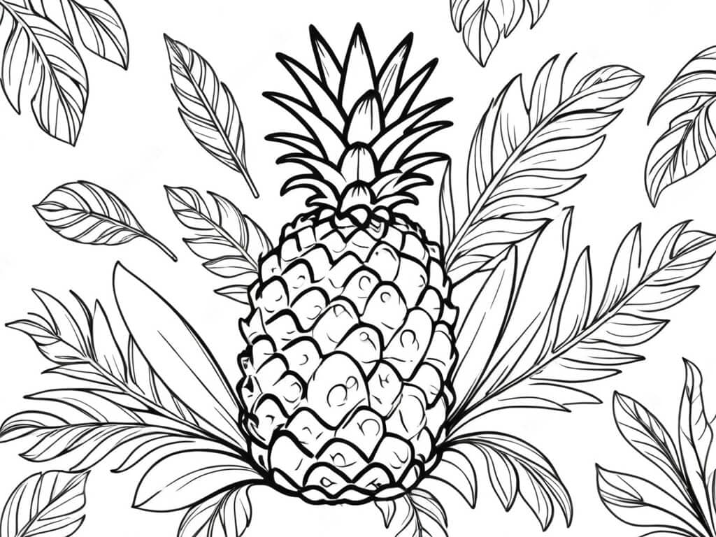 Abacaxi entre folhas tropicais para colorir