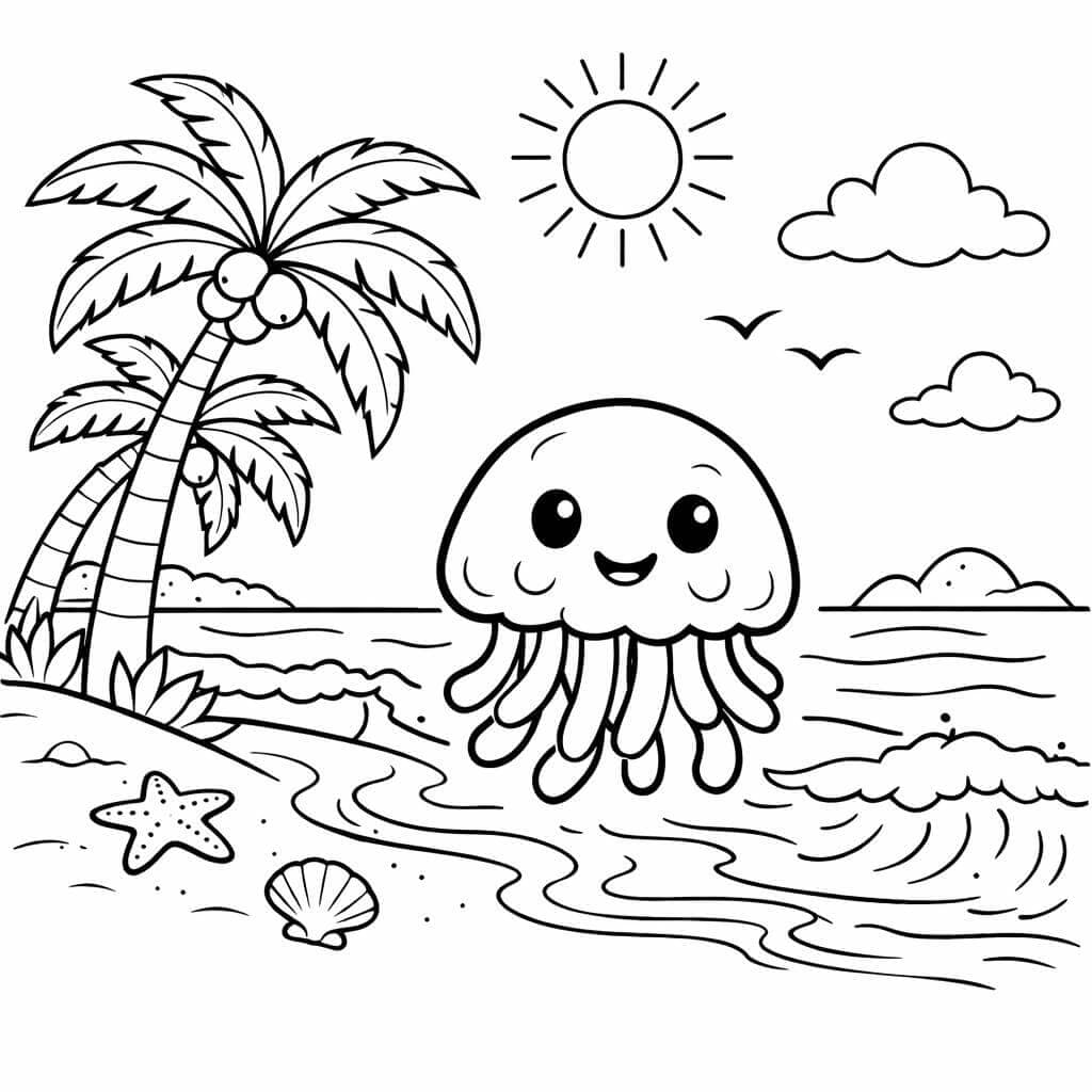 Água-viva em cenário de praia para colorir