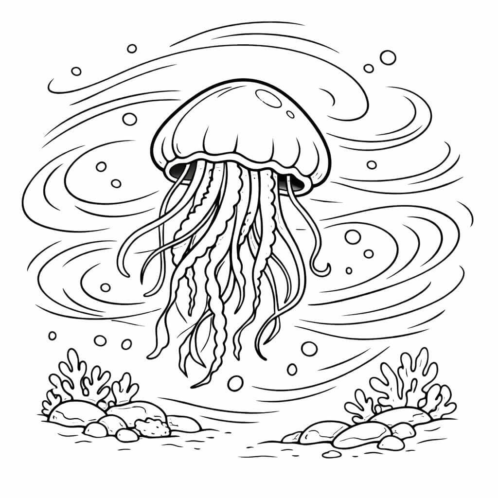 Água-viva nas correntes do mar para colorir