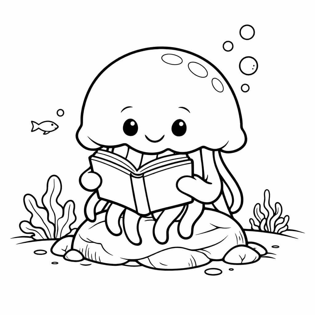 Água-viva lendo livro para colorir