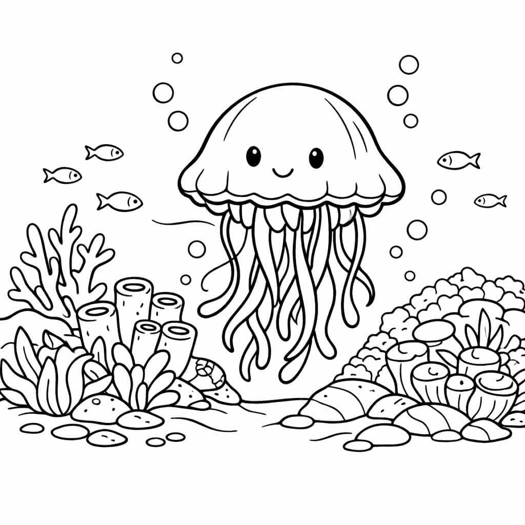 Água-viva perto dos corais para colorir