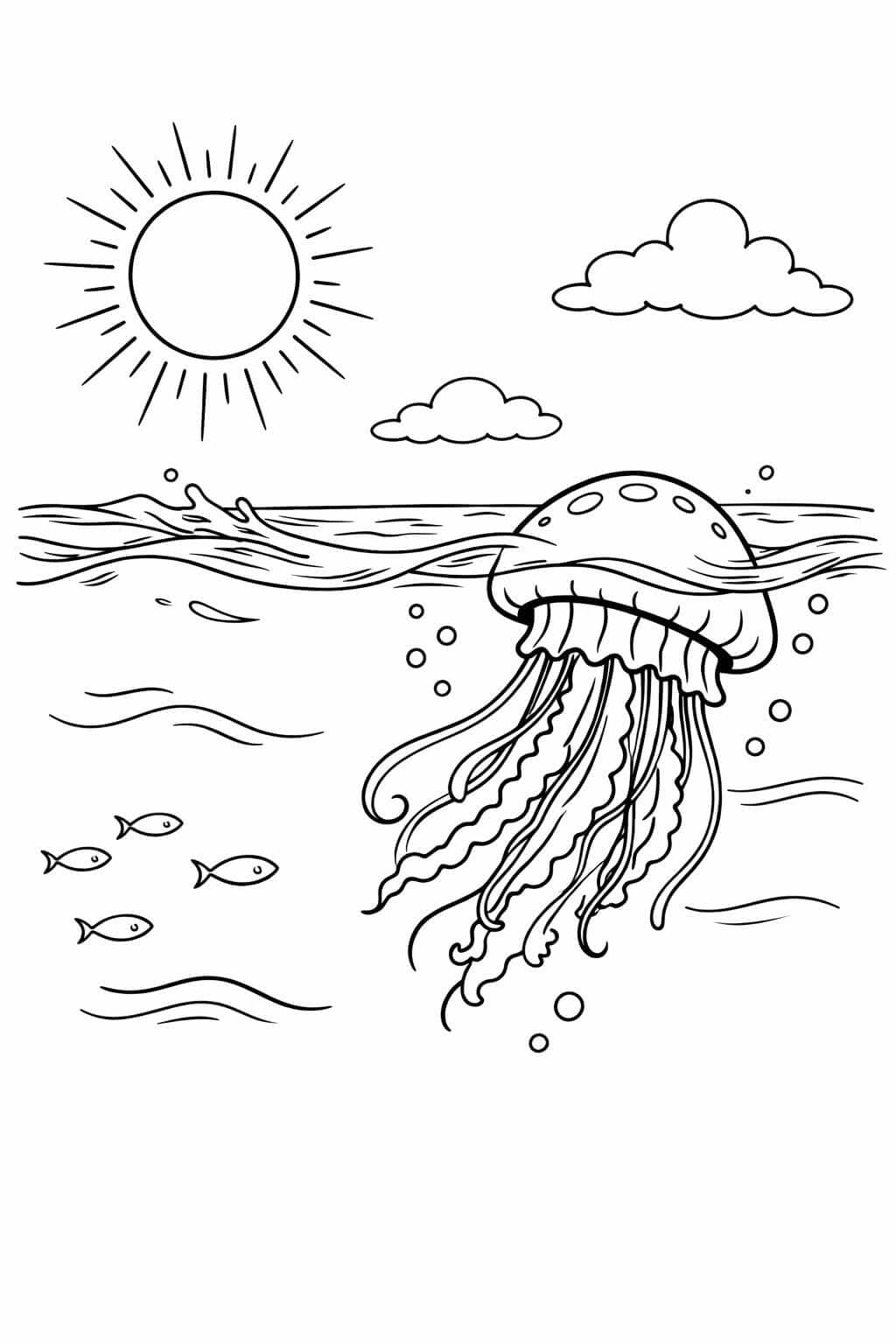 Água-viva na superfície do mar para colorir