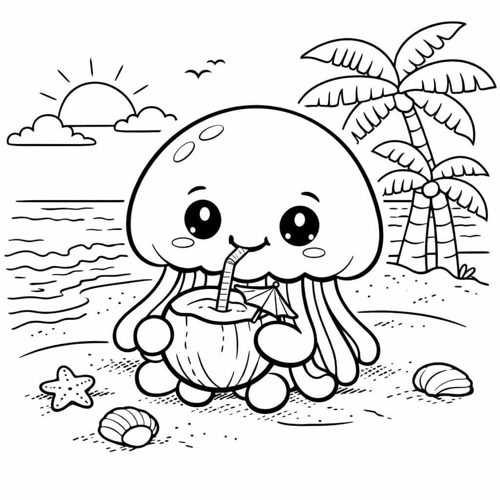 Água-viva tomando água de coco para colorir