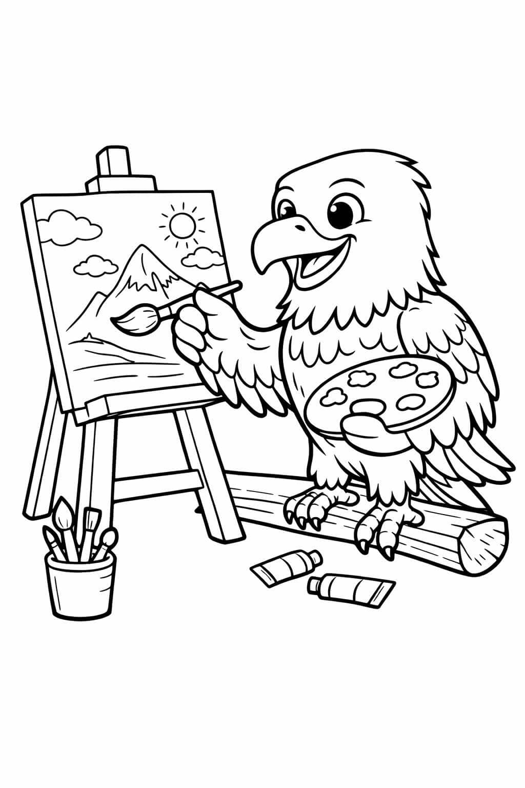 Águia pintando um quadro para colorir