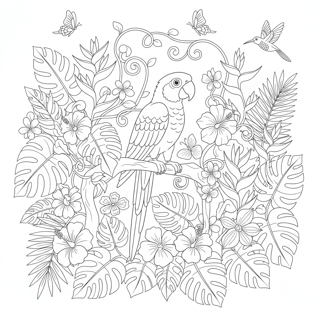 Papagaio na selva para colorir