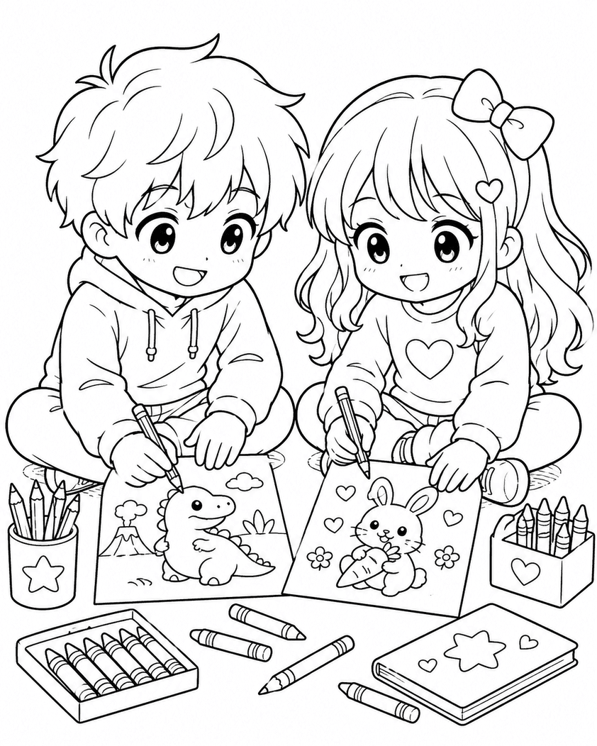 Crianças kawaii desenhando para colorir