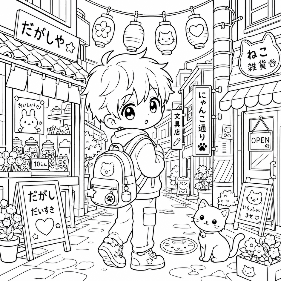 Garoto anime nas ruas do Japão para colorir