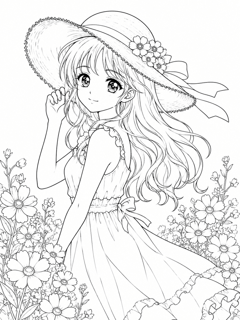 Menina anime em campo florido para colorir