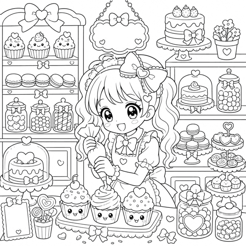 Menina anime kawaii na confeitaria para colorir