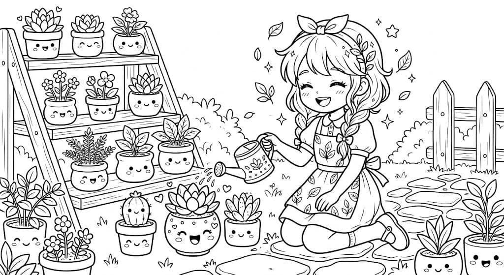 Menina anime kawaii com plantas para colorir
