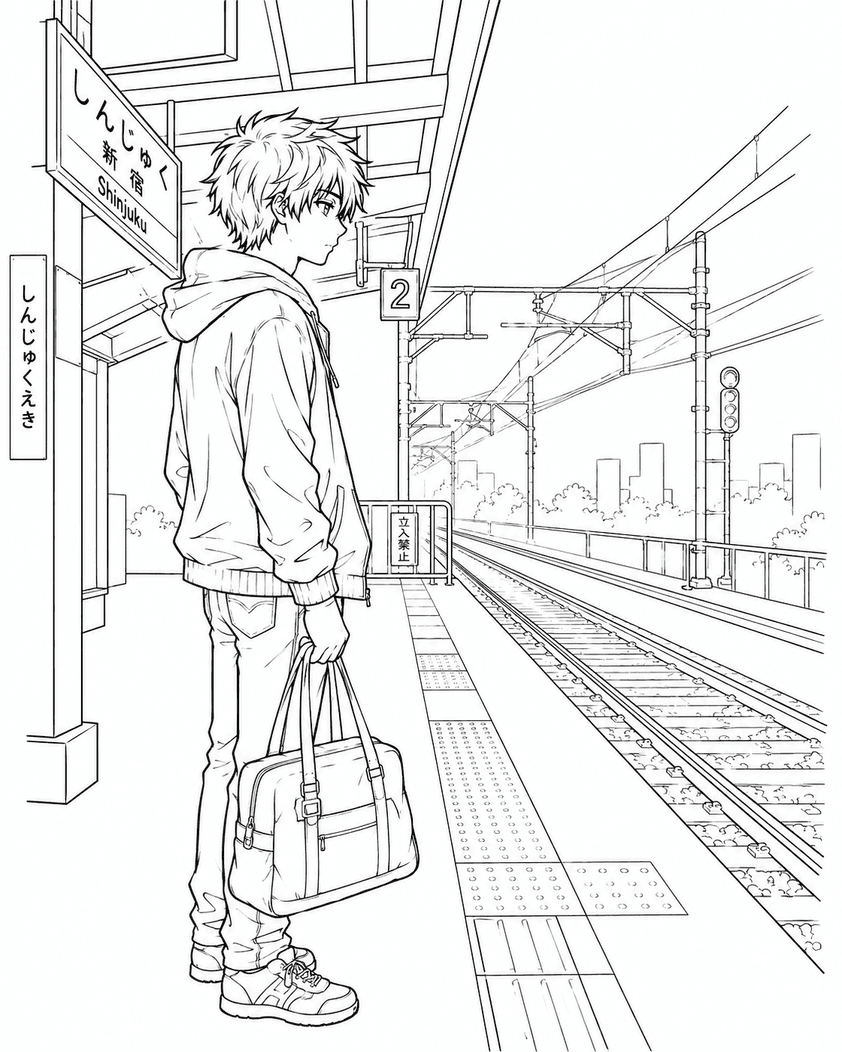 Menino anime na estação de trem para colorir