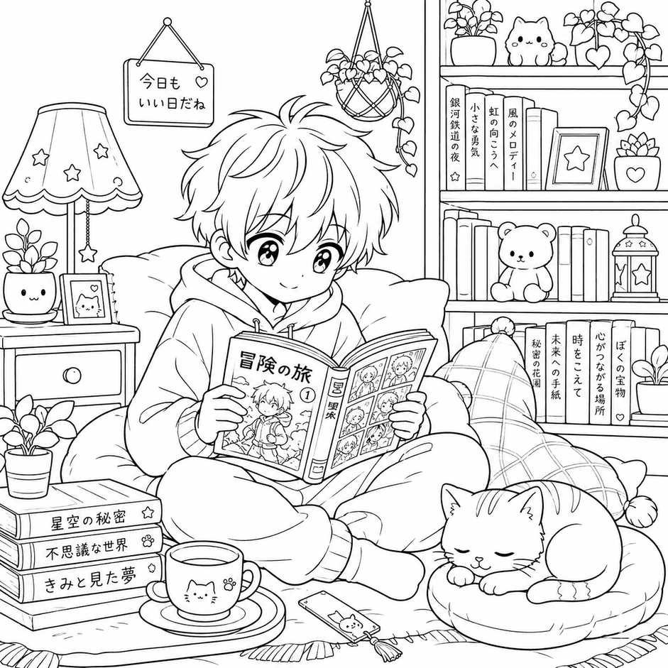 Menino anime lendo livro para colorir