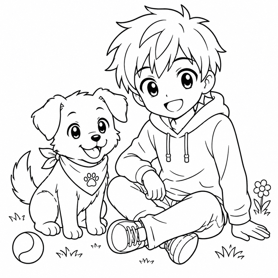 Menino e cachorro anime para colorir