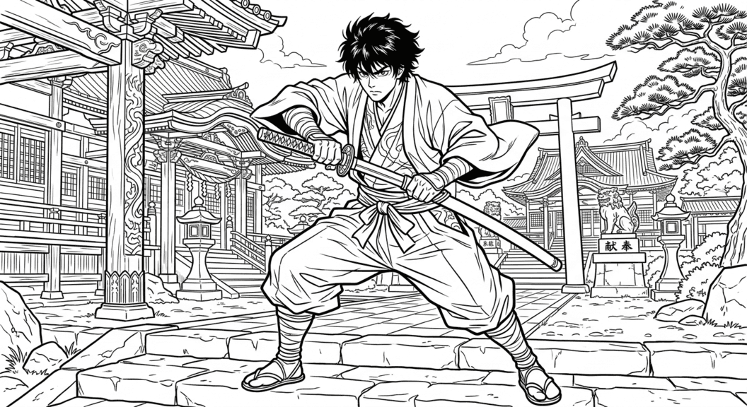 Samurai anime detalhado para colorir