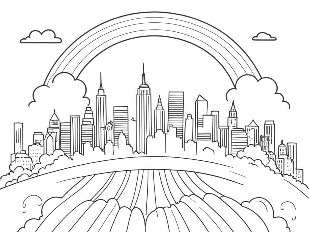 Arco-íris sobre a cidade para colorir