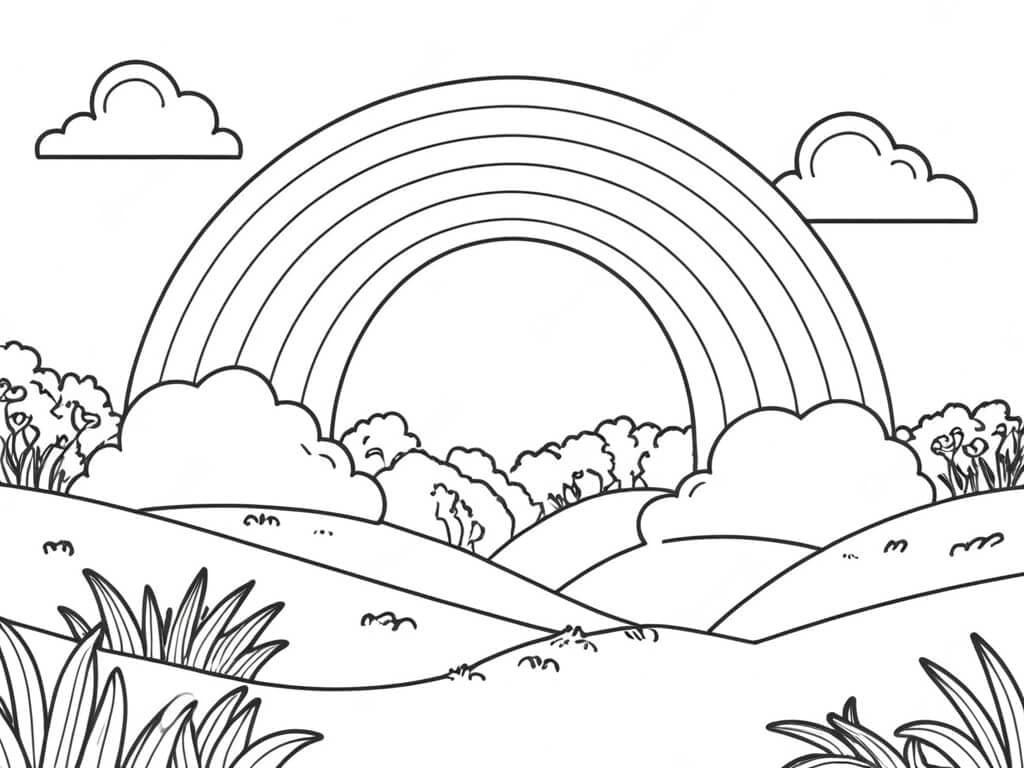 Arco-íris na paisagem natural para colorir
