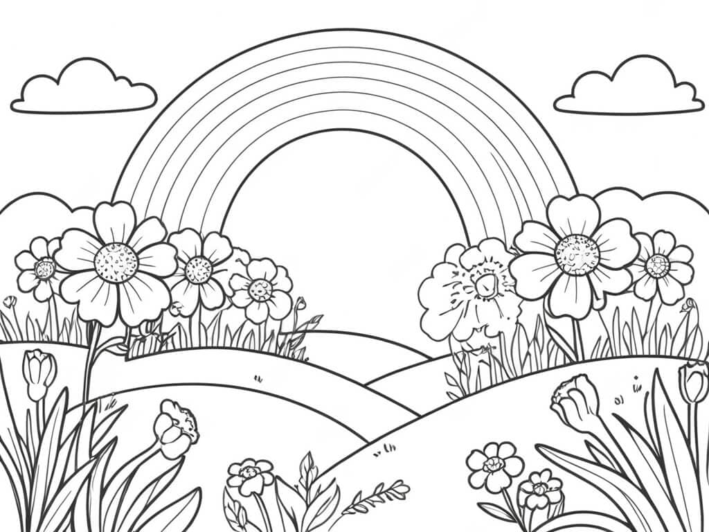 Arco-íris em paisagem florida para colorir