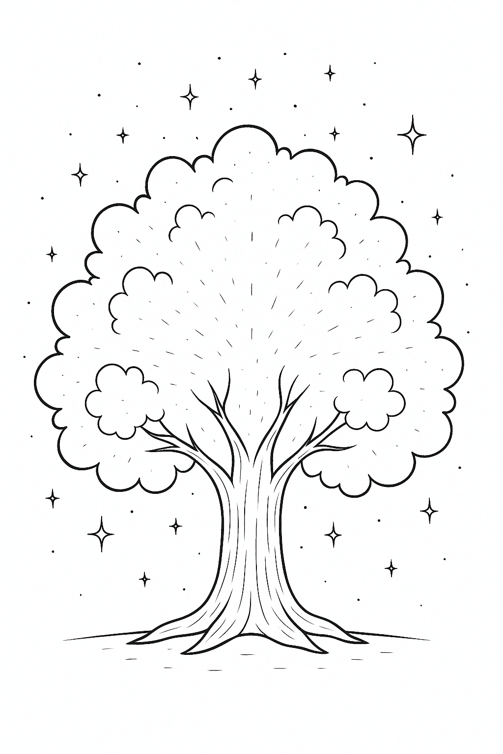 Árvore no céu estrelado para colorir