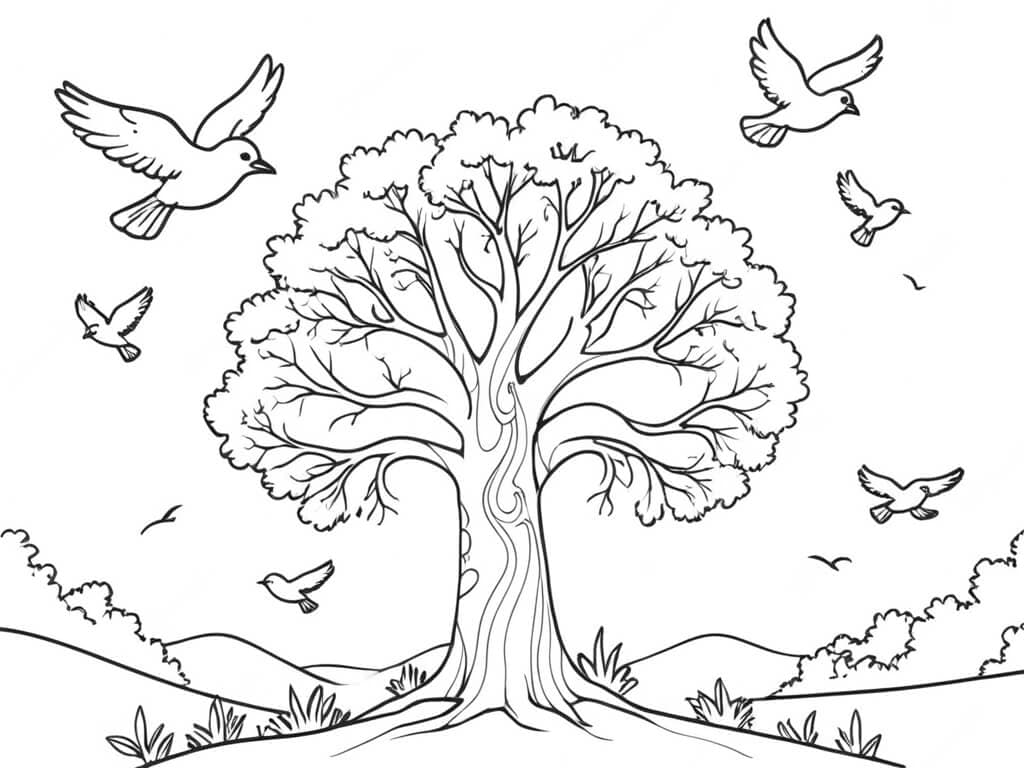 Árvore com passarinhos para colorir