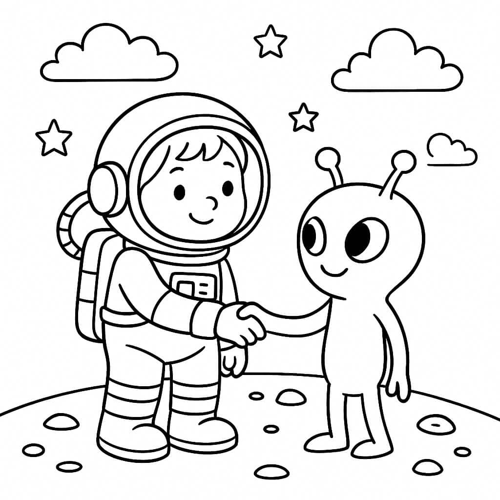 Astronauta e alien amigável para colorir