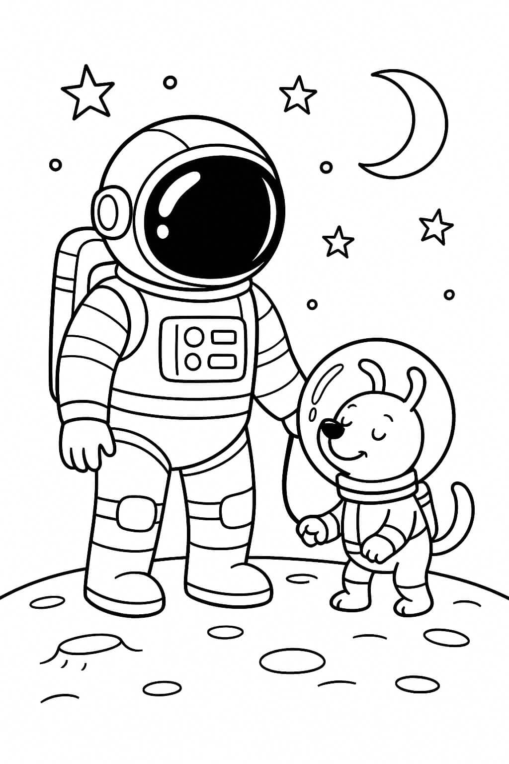Astronauta e cachorro espacial para colorir
