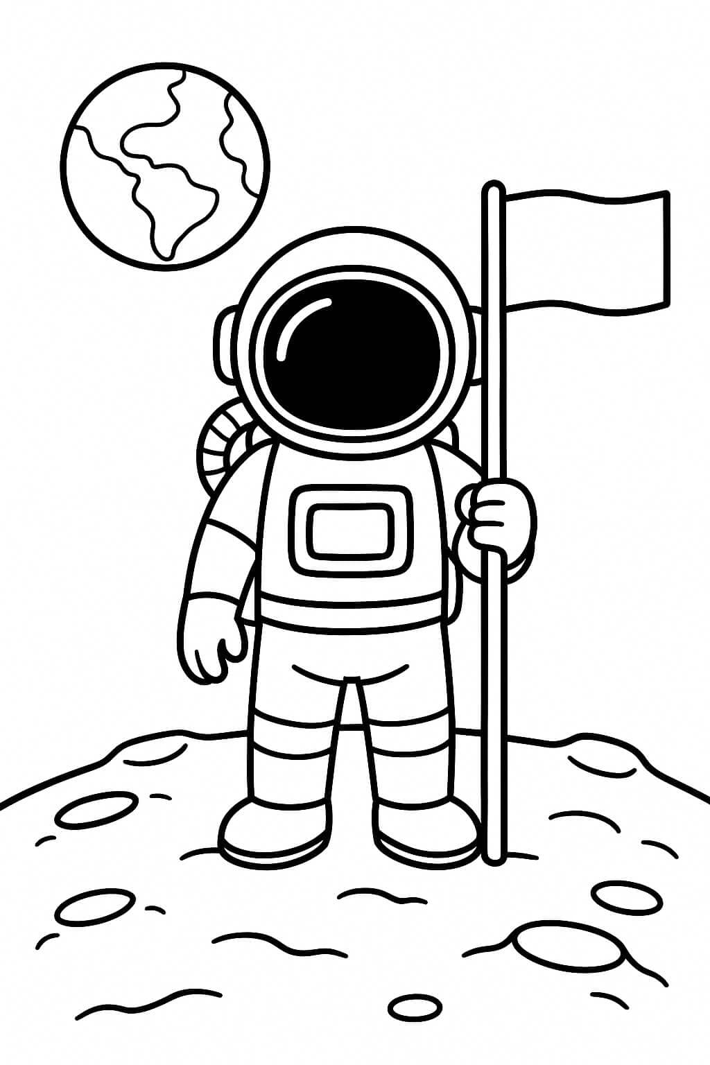 Astronauta na Lua com bandeira para colorir