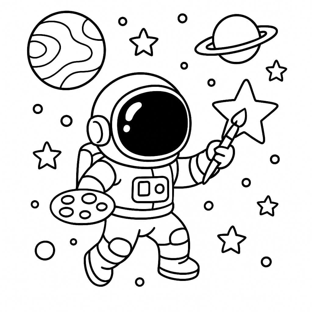 Astronauta pintando planeta para colorir