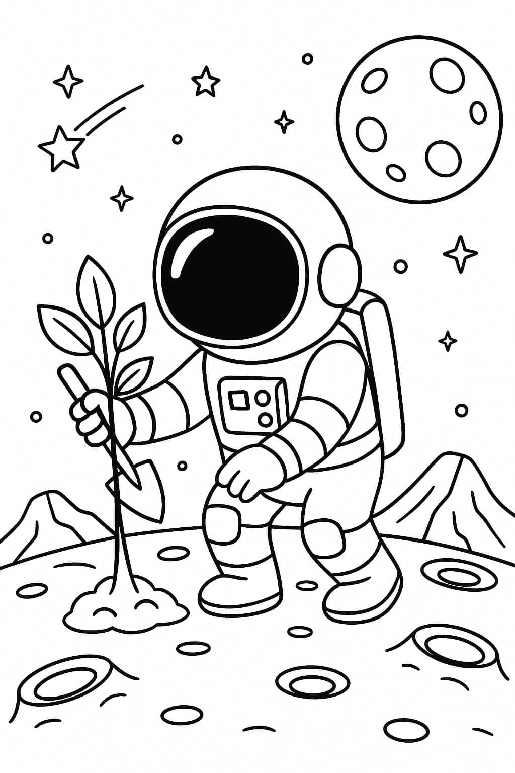Astronauta plantando árvore para colorir
