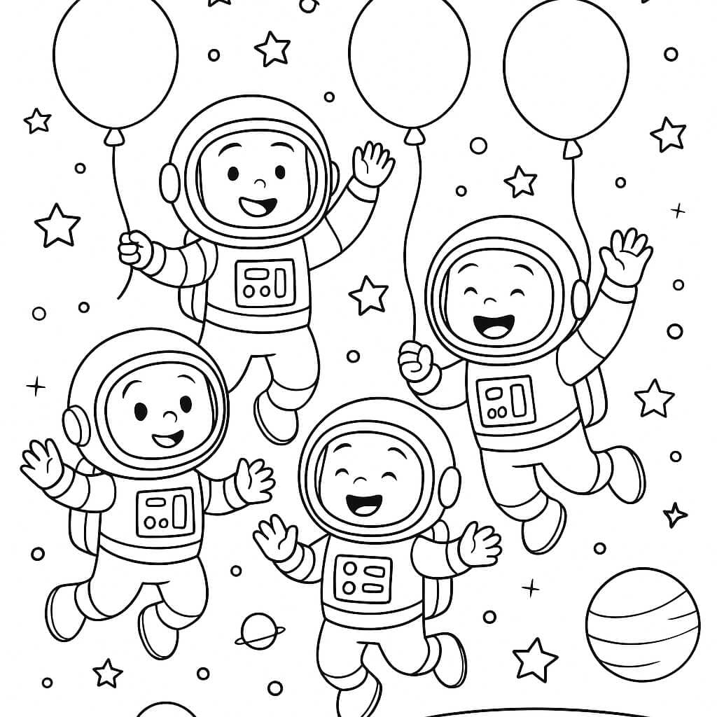 Astronautas com balões para colorir