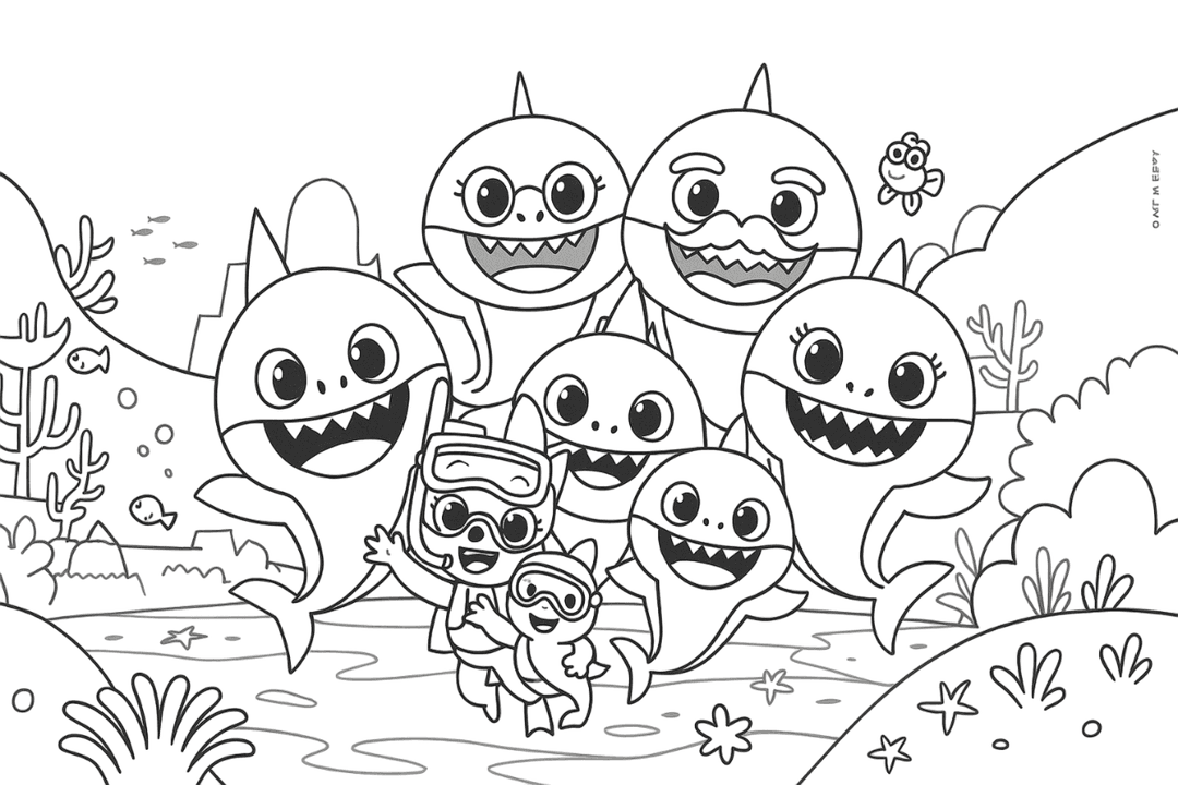 Família tubarão brincando no mar para colorir