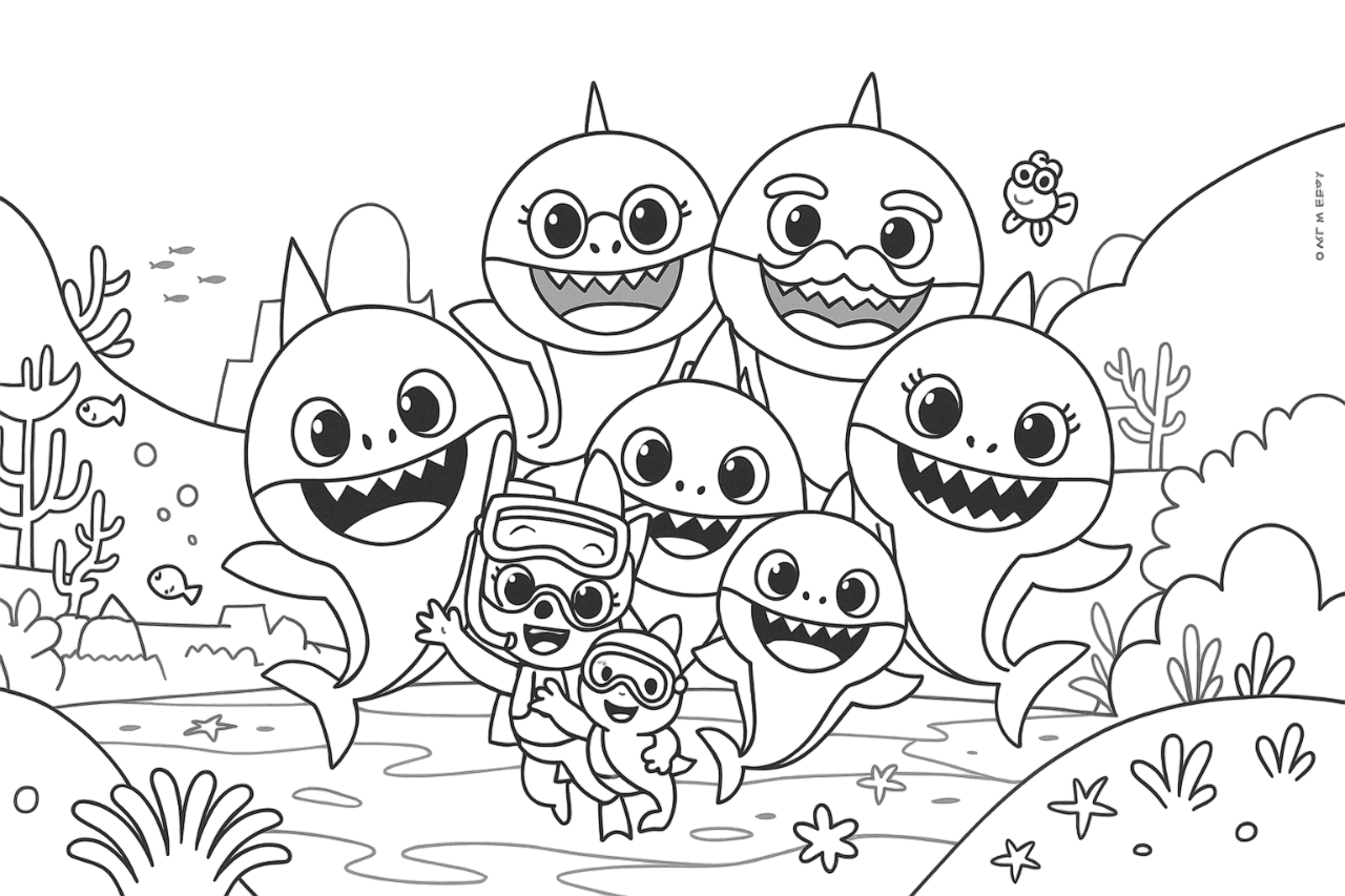 Família tubarão brincando no mar para colorir