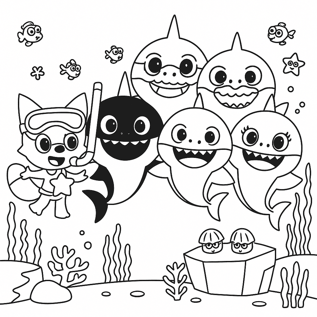 Família tubarão no mar para colorir