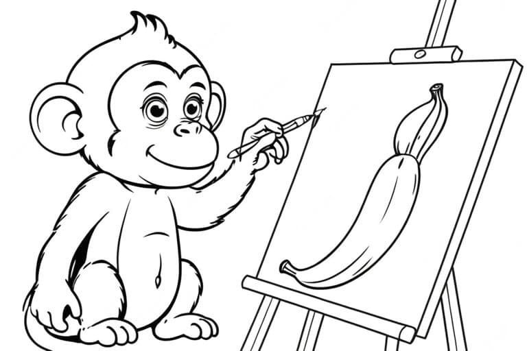 Macaco pintando uma imagem de banana para colorir