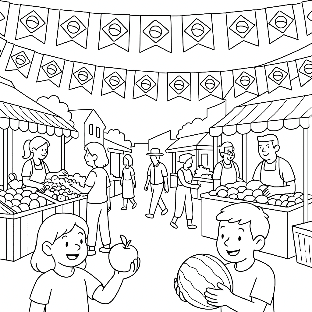 Feira com bandeiras do Brasil para colorir