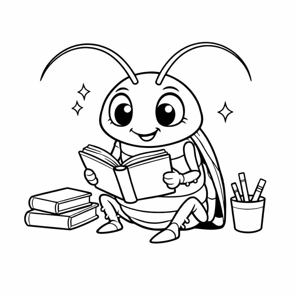 Barata lendo livro para colorir