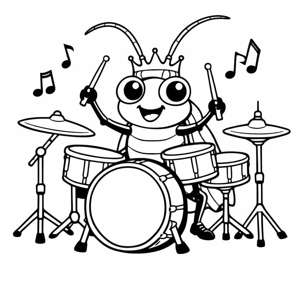 Barata tocando bateria para colorir