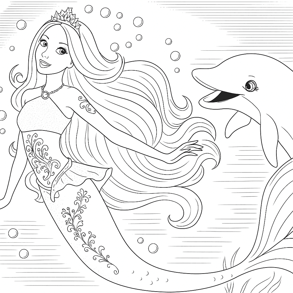 Barbie Sereia e boto para colorir