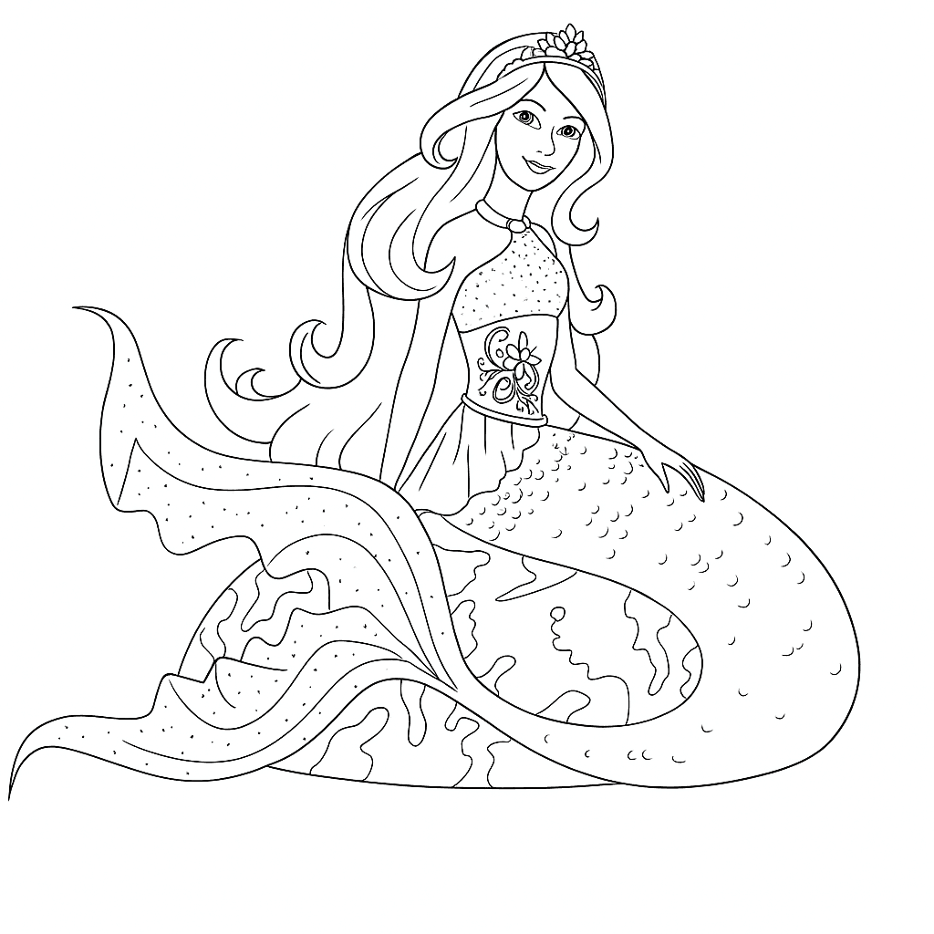 Barbie Sereia em uma pedra para colorir