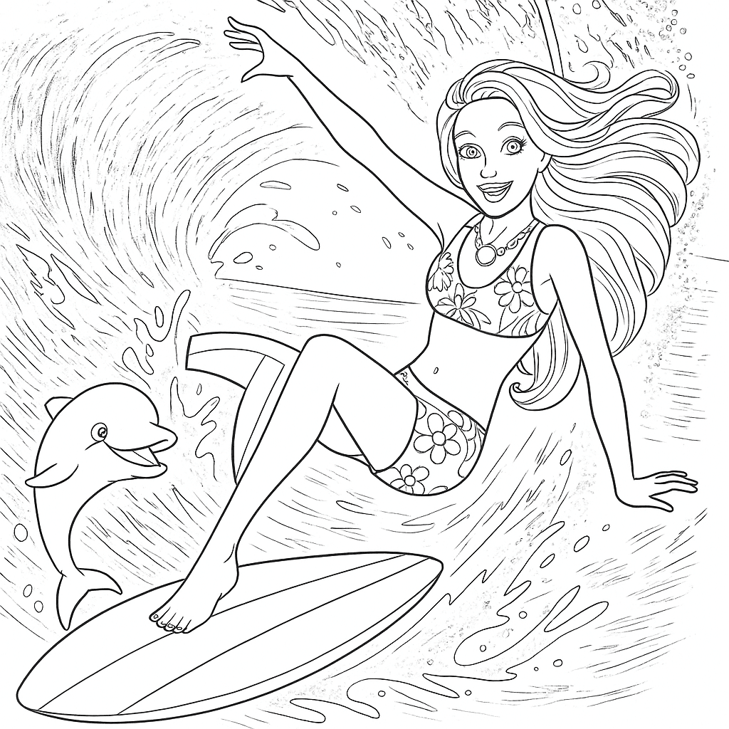 Barbie Sereia surfando para colorir