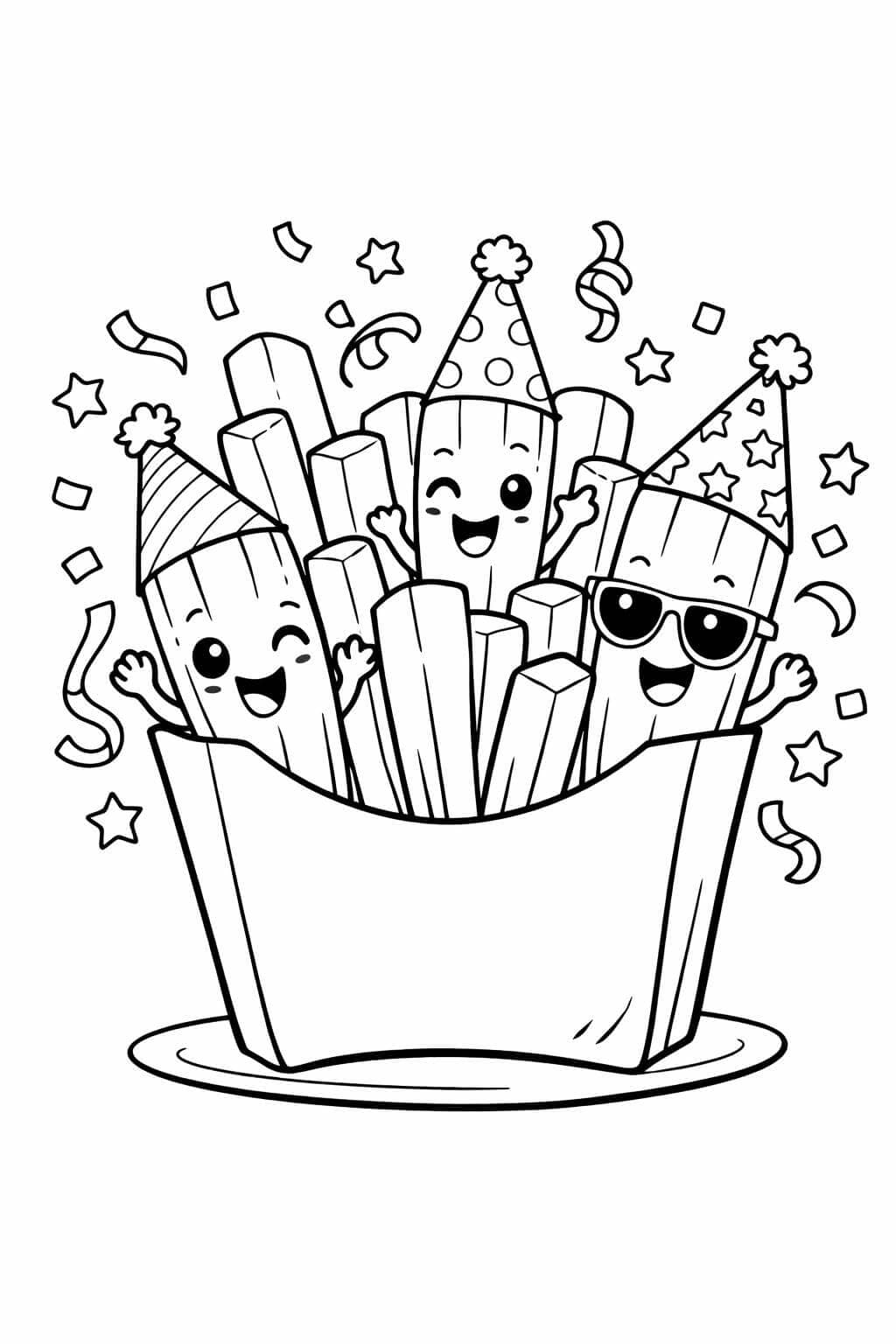 Batatas fritas com chapéus de festa para colorir