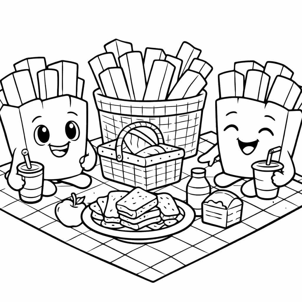 Batatas fritas em piquenique para colorir