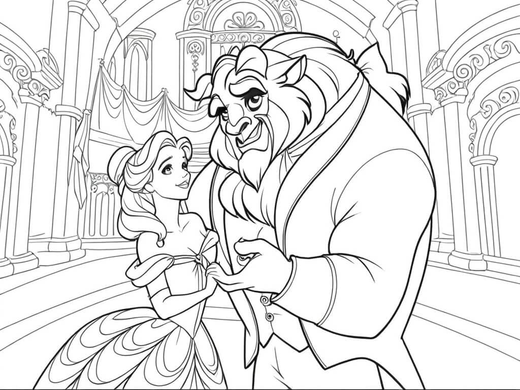 A Bela e a Fera no castelo para colorir