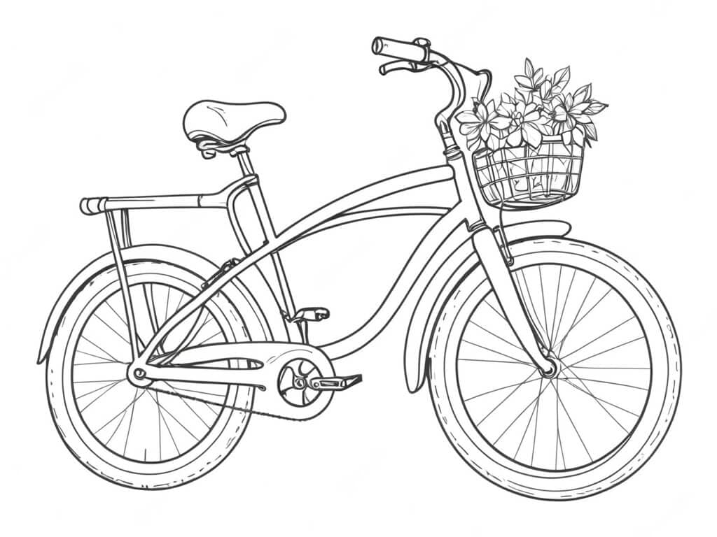 Bicicleta com cesto de flores para colorir