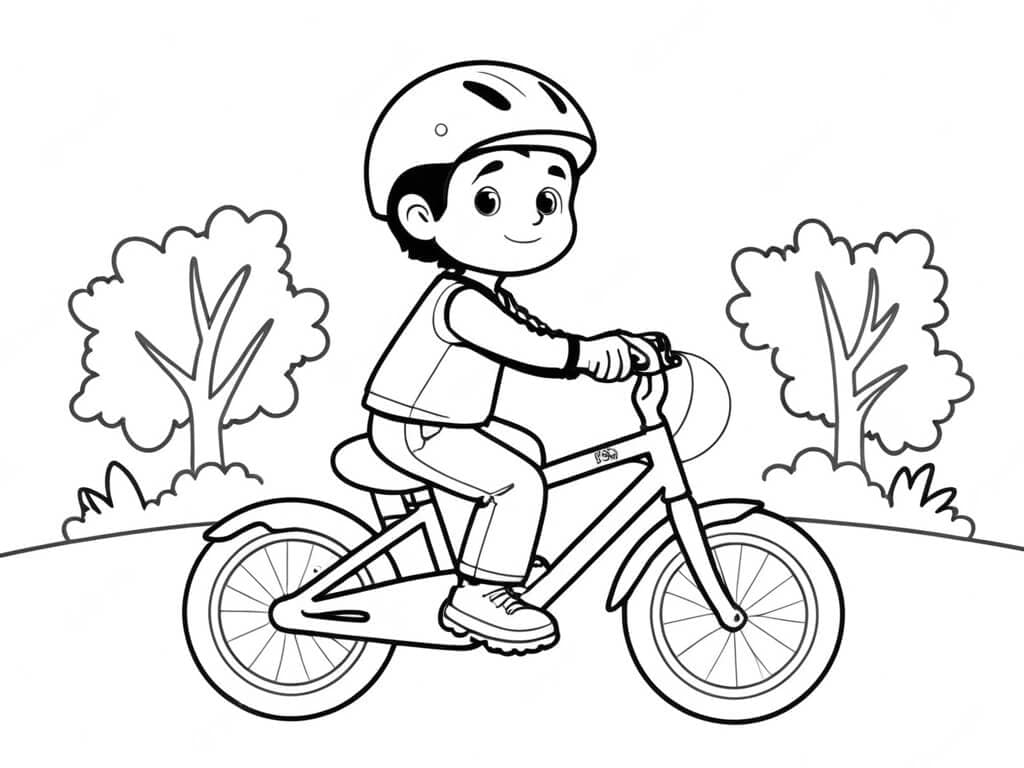Menino andando de bicicleta no campo para colorir