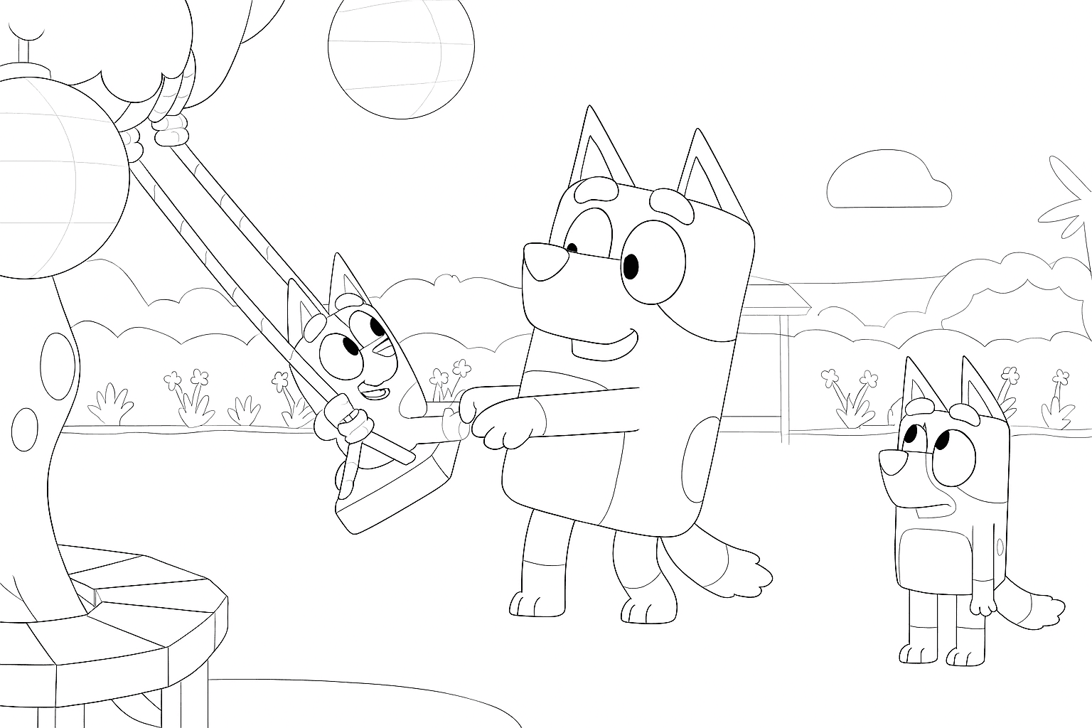 Bluey e Bingo no balanço para colorir