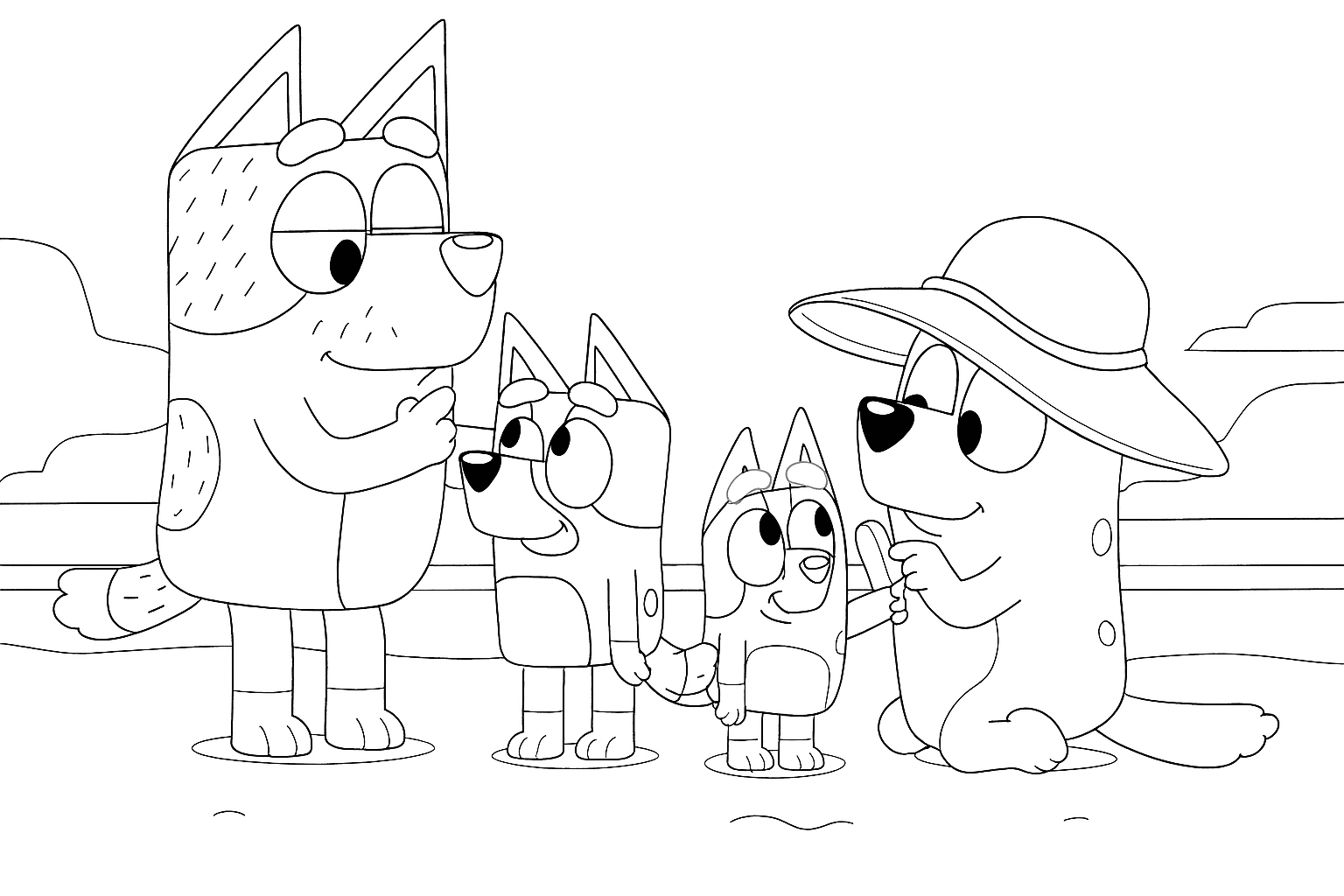 Bluey e família na praia para colorir