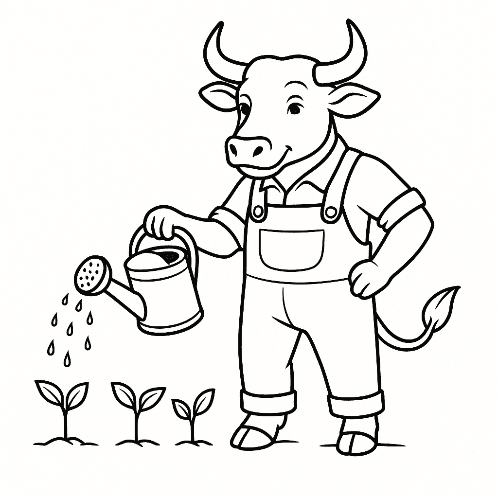 Boi agricultor regando para colorir
