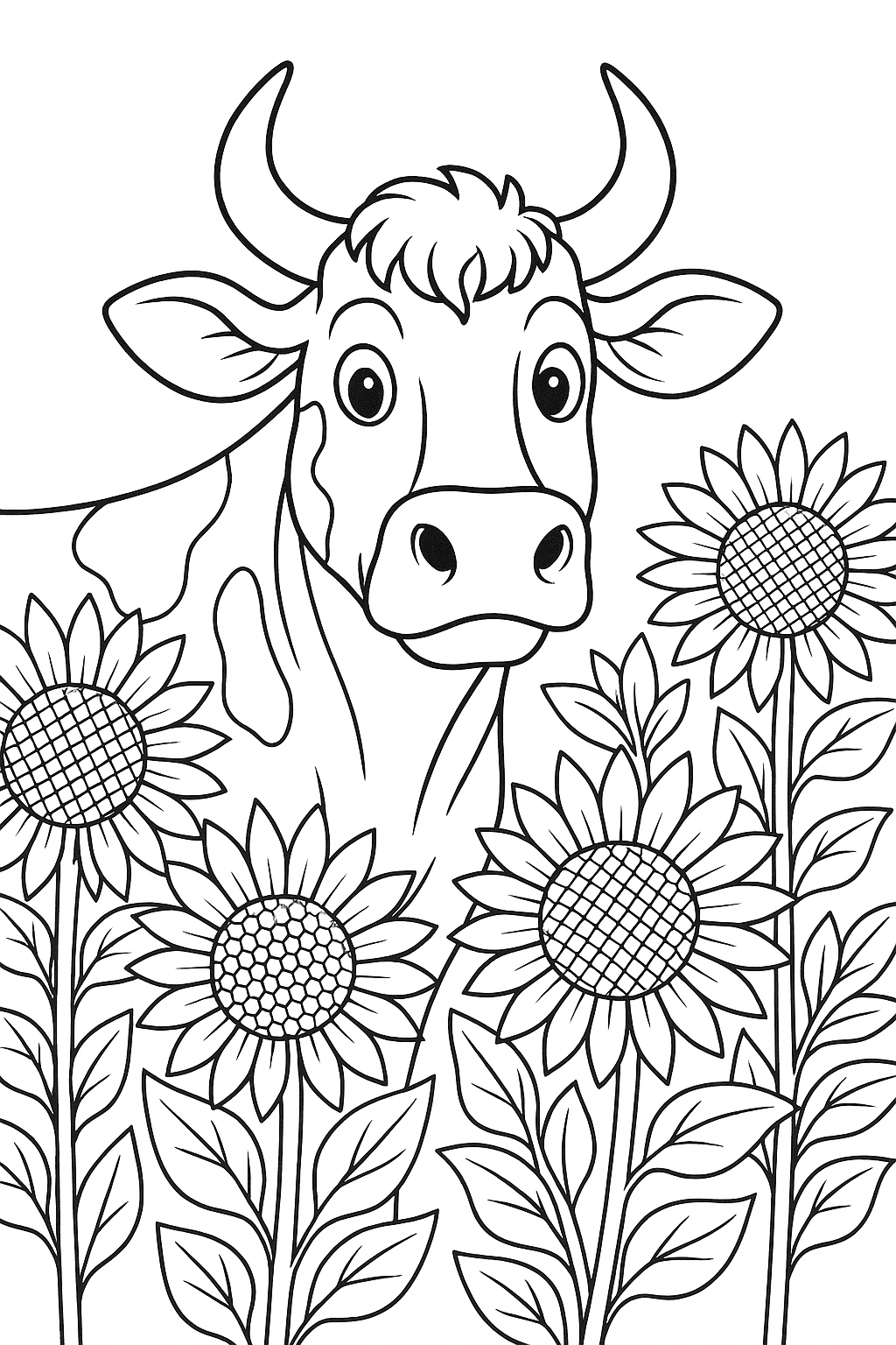 Boi entre girassóis para colorir