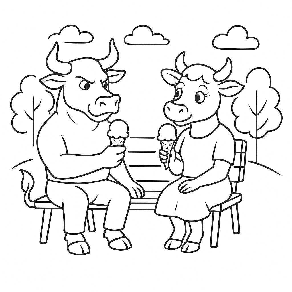 Boi e vaca tomando sorvete para colorir