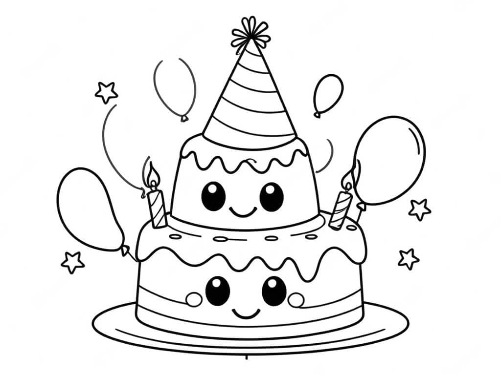 Bolo de aniversário chapéu e balões para colorir